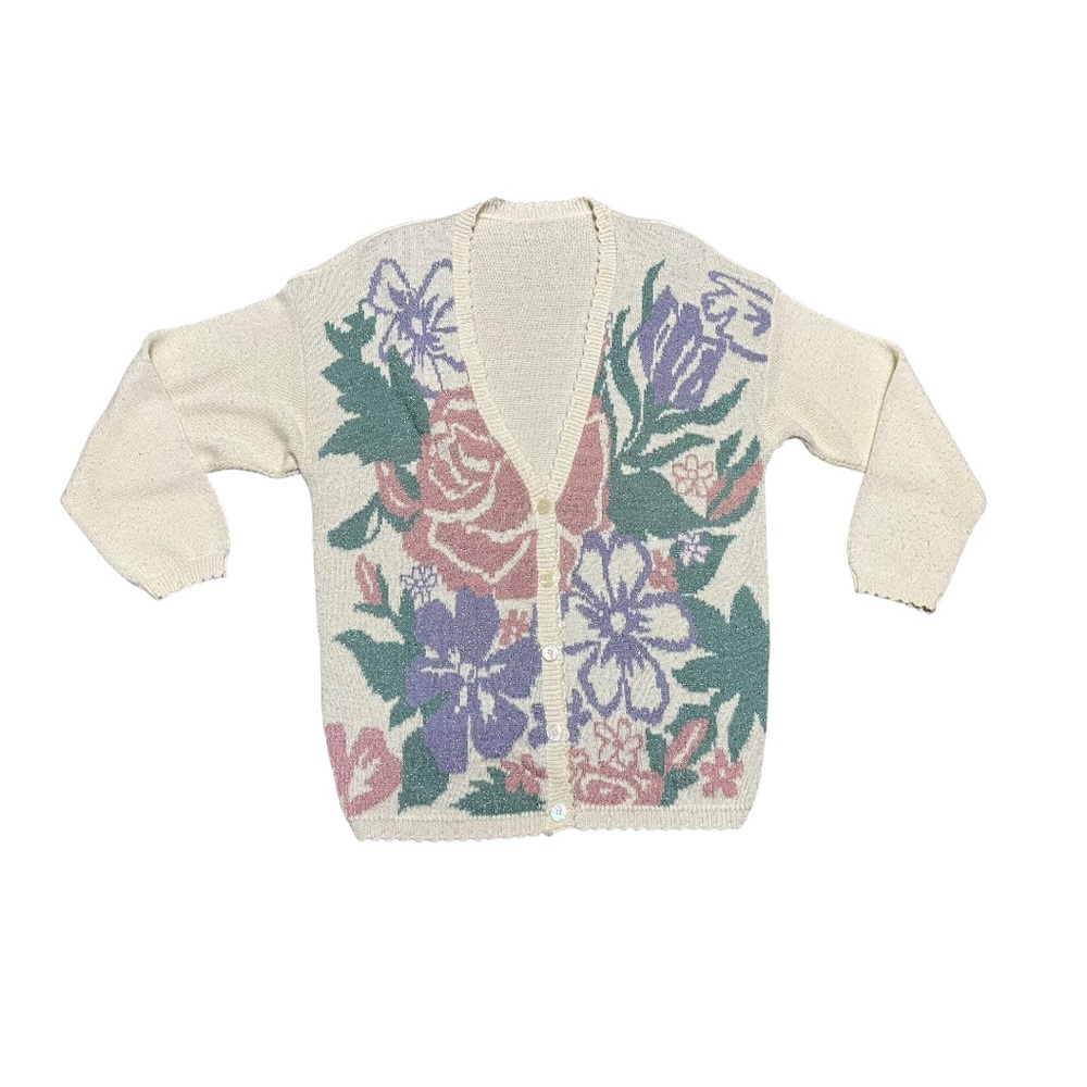 Vintage 80s metallic sparkle pastel floral oversized knit cardigan size …